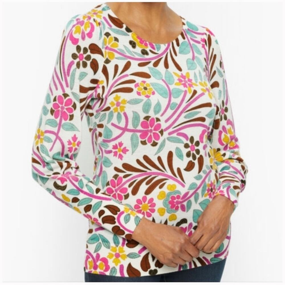 TALBOTS Paisley Floral Puff Sleeve Merino Wool Sweater XL